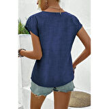 Lucky Life Kadın Kısa Kollu V Yakalı Düğmeli Keten Bluz