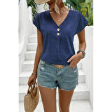 Lucky Life Kadın Kısa Kollu V Yakalı Düğmeli Keten Bluz