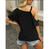 Lucky Life Kadın Tek Omuzu Açık Toka Detaylı Viskon Bluz