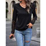 Lucky Life Kadın Uzun Kollu V Yakalı Dantelli Waffle Bluz