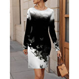 Lucky Life Kadın  Uzun Kollu Bisiklet Yaka çiçek Desenli Kısa şardonlu Dalgıç Elbise