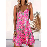 Lucky Life Kadın Ip Askılı V Yakalı Desenli Kısa Süprem Mini Elbise