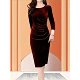 Lucky Life Kadın Uzun Kollu Bot Yaka Yanı Taş Detaylı Midi Kadife Elbise