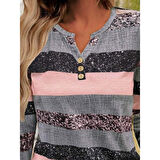 Lucky Life Kadın Uzun Kollu Yakadan Düğmeli çizgili Desenli Süprem Bluz