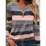 Lucky Life Kadın Uzun Kollu Yakadan Düğmeli çizgili Desenli Süprem Bluz