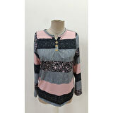 Lucky Life Kadın Uzun Kollu Yakadan Düğmeli çizgili Desenli Süprem Bluz