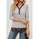 Lucky Life Kadın Uzun Kollu Yakadan Düğmeli Leopar Detaylı Kaşkorse Bluz