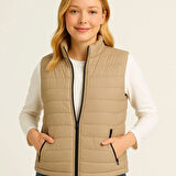 Lucky Life Kadın Şişme FermuarlıYelek Su Itici Kapitone Astarlı Kumaş Cepli Hafif Kışlık Spor Rahat Kalıp - Bej