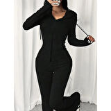 Lucky Life Kadın Uzun Kollu Kapşonlu Bağcıklı önü Fermuarlı Viskon Iki Iplik Bluz Ve Pantolon Ikili Takım