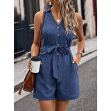 Lucky Life Kadın Sıfır Kollu Yakalı Düğmeli Belden Kuşaklı Kısa Keten Tulum