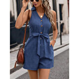 Lucky Life Kadın Sıfır Kollu Yakalı Düğmeli Belden Kuşaklı Kısa Keten Tulum