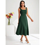 Lucky Life Kadın Askılı Kare Yakalı Midi Ithal Krep Elbise