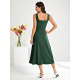 Lucky Life Kadın Askılı Kare Yakalı Midi Ithal Krep Elbise