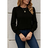 Lucky Life Kadın Uzun Kollu Bisiklet Yaka Pileli Ithal Krep Bluz