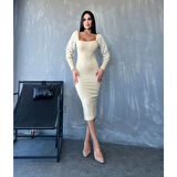 Lucky Life Kadın Kare Yaka Kolları Manşet Ve Tül Detay Fırsat ürün Midi Boy Elbise