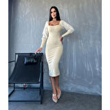 Lucky Life Kadın Kare Yaka Kolları Manşet Ve Tül Detay Fırsat ürün Midi Boy Elbise