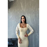 Lucky Life Kadın Kare Yaka Kolları Manşet Ve Tül Detay Fırsat ürün Midi Boy Elbise