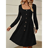 Lucky Life Kadın Uzun Kollu Kare Yaka Düğmeli Kısa şardonlu Iki Iplik Mini Elbise