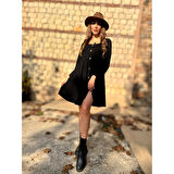 Lucky Life Kadın Uzun Kollu Kare Yaka Düğmeli Kısa şardonlu Iki Iplik Mini Elbise