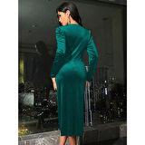 Lucky Life Kadın Uzun Kollu Kruvaze Yakalı Yandan Büzgülü Midi Kadife Elbise