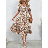 Lucky Life Kadın Kısa Kollu Kare Yakalı Lastikli Desenli Süprem Elbise