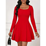 Lucky Life Kadın Uzun Kollu Kare Yakalı Mini Ithal Krep Elbise