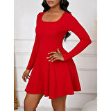 Lucky Life Kadın Uzun Kollu Kare Yakalı Mini Ithal Krep Elbise