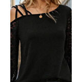 Lucky Life Kadın Uzun Kollu Tek Omuzu çapraz şerit Detaylı Viskon Iki Iplik Bluz