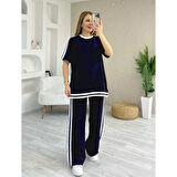 Lucky Life Kadın Kısa Kollu Bisiklet Yaka çift Renk şerit Detaylı Viskon Iki Iplik Bluz Ve Pantolon Ikili Takım