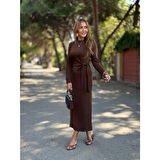 Lucky Life Kadın Uzun Kollu Bisiklet Yaka Yandan Bağlamalı Uzun Modal Elbise