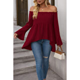 Lucky Life Kadın Uzun Kollu Madonna Yaka Asimetrik Detaylı Kolları Ispanyol Viskon Bluz