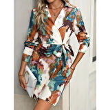 Lucky Life Kadın Uzun Kollu Yakalı Yandan Bağlamalı Mini Desenli Modal Elbise