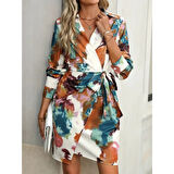 Lucky Life Kadın Uzun Kollu Yakalı Yandan Bağlamalı Mini Desenli Modal Elbise