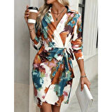 Lucky Life Kadın Uzun Kollu Yakalı Yandan Bağlamalı Mini Desenli Modal Elbise