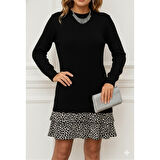 Lucky Life Kadın Uzun Kollu üst şardonlu Kaşkorse Alt Süprem Desenli Elbise