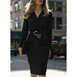 Lucky Life Kadın Uzun Kollu Kruvaze Yaka Janjan Krep Midi Elbise