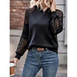 Lucky Life Kadın Uzun Kollu Dantelli Kapşonlu Viskon Iki Iplik Bluz