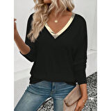 Lucky Life Kadın Uzun Kollu V Parlak Yaka Detaylı Viskon Bluz