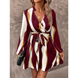 Lucky Life Kadın Uzun Kollu Kruvaze Yakalı Desenli Modal Mini Elbise