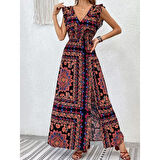 Lucky Life Kadın Kısa Kollu V Yakalı Deseni Yırtmaçlı Süprem Elbise