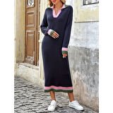 Lucky Life Kadın Uzun Kollu Yakalı çok Renkli Triko Uzun Elbise