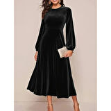 Lucky Life Kadın Uzun Kollu Bisiklet Yaka Midi Kadife Elbise