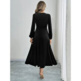 Lucky Life Kadın Uzun Kollu Bisiklet Yaka Midi Kadife Elbise