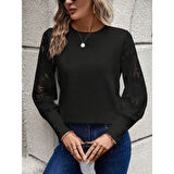 Lucky Life Kadın Uzun Kollu Bisiklet Yaka Kolları çiçekli Waffle Bluz