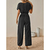 Lucky Life Kadın Kısa Kollu Kayık Yaka Belden Kuşaklı örme Krep Tulum