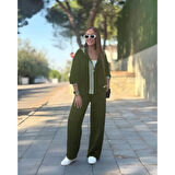 Lucky Life Kadın Uzun Kollu Kapşonlu Onu şerit Detaylı Fermuarlı Viskon Iki Iplik Bluz Ve Pantolon Ikili Takım