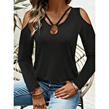 Lucky Life Kadın Omuzlardan Açık Uzun Kollu Yakadan Halka şerit Detaylı Viskon Bluz