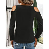 Lucky Life Kadın Omuzlardan Açık Uzun Kollu Yakadan Halka şerit Detaylı Viskon Bluz