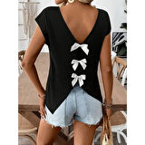 Lucky Life Kadın Kısa Kollu V Yakalı Arkadan Kurdele Detaylı Viskon Bluz