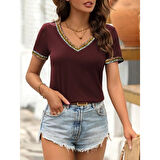 Lucky Life Kadın Kısa Kollu V şerit Etnik Desen Yakalı Viskon Bluz